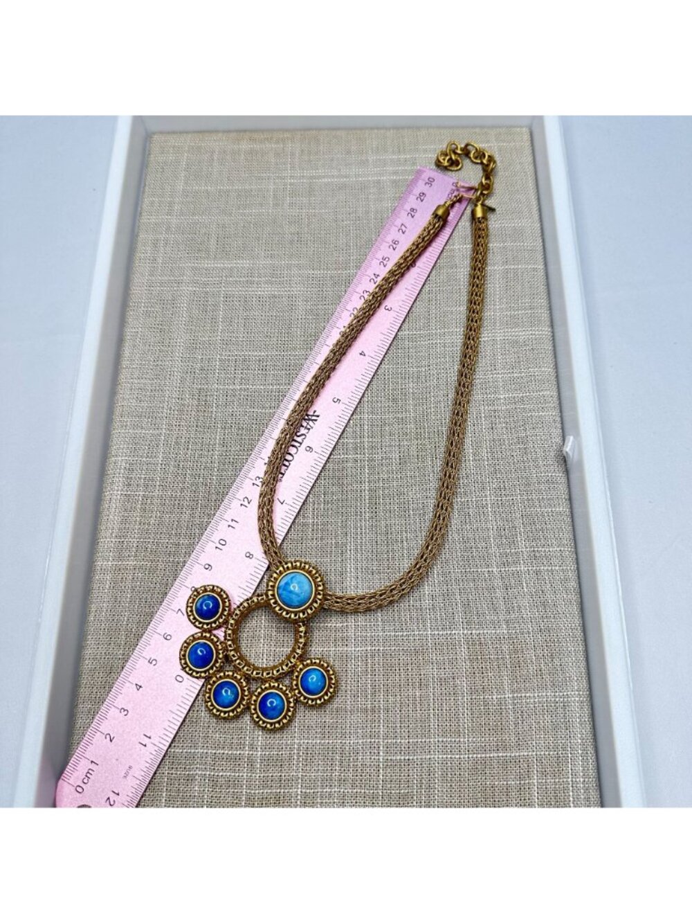 Sarah Cavender Metalworks Gold Mesh Necklace Blue Chandelier Pendant Statement - Picture 13 of 14